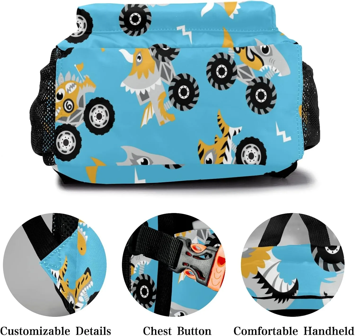 Shark Monster Cars Personalized Kids School Backpack Custom for Boys Girls Primary Daypack School Bookbag Travel Bag