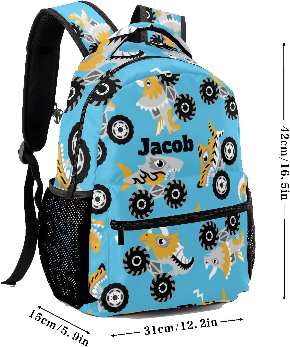 Shark Monster Cars Personalized Kids School Backpack Custom for Boys Girls Primary Daypack School Bookbag Travel Bag