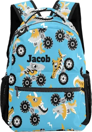 Shark Monster Cars Personalized Kids School Backpack Custom for Boys Girls Primary Daypack School Bookbag Travel Bag