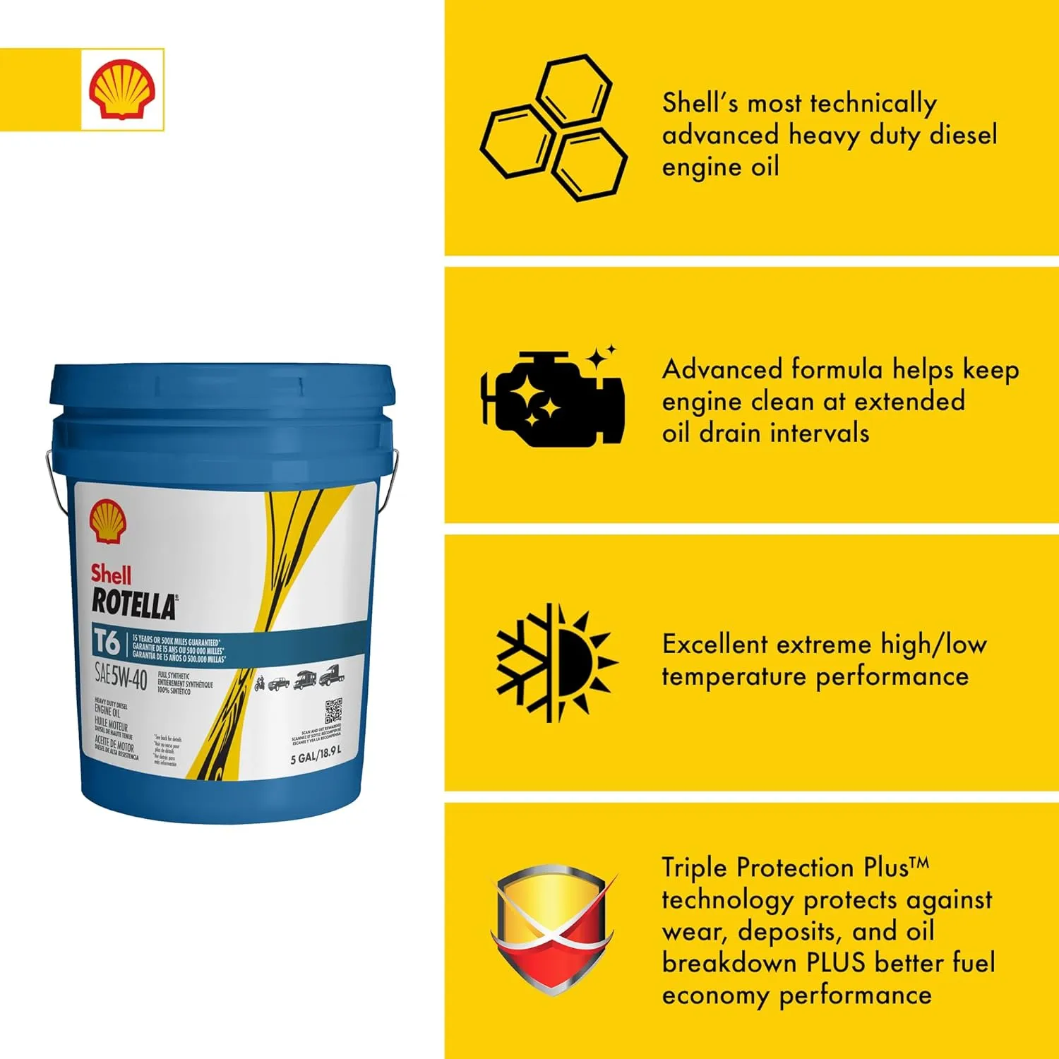 Shell Rotella T6 5W-40 Diesel Engine Oil, 5 Gallon