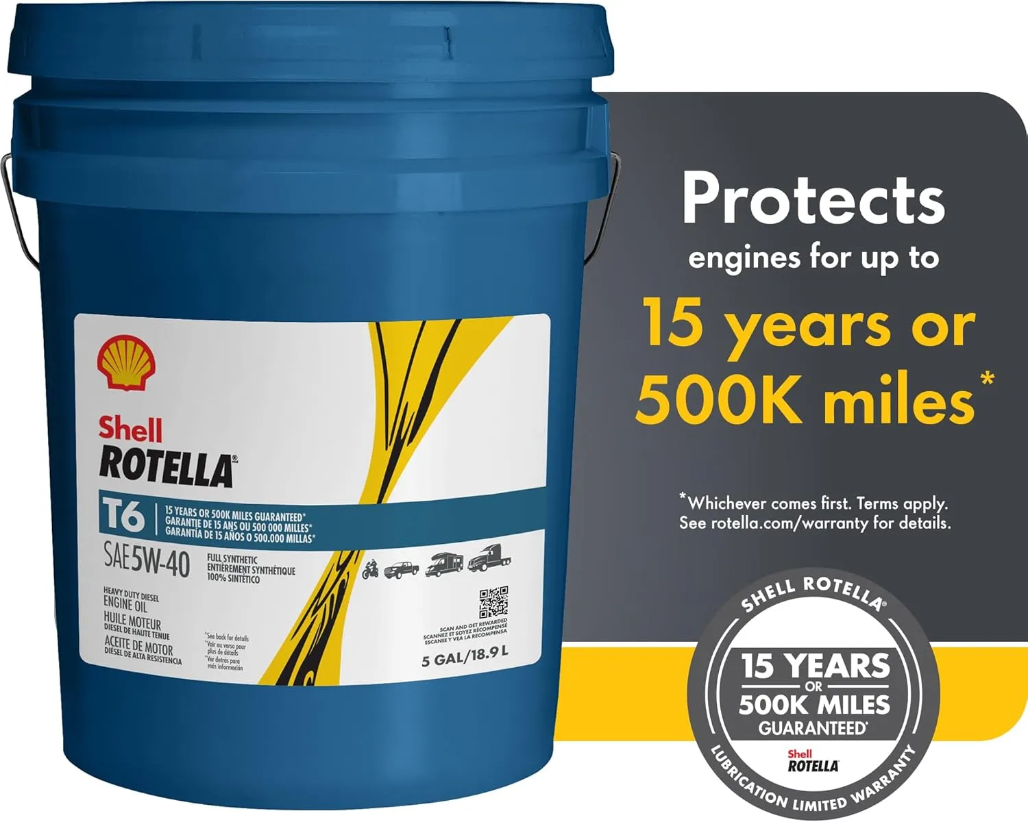 Shell Rotella T6 5W-40 Diesel Engine Oil, 5 Gallon