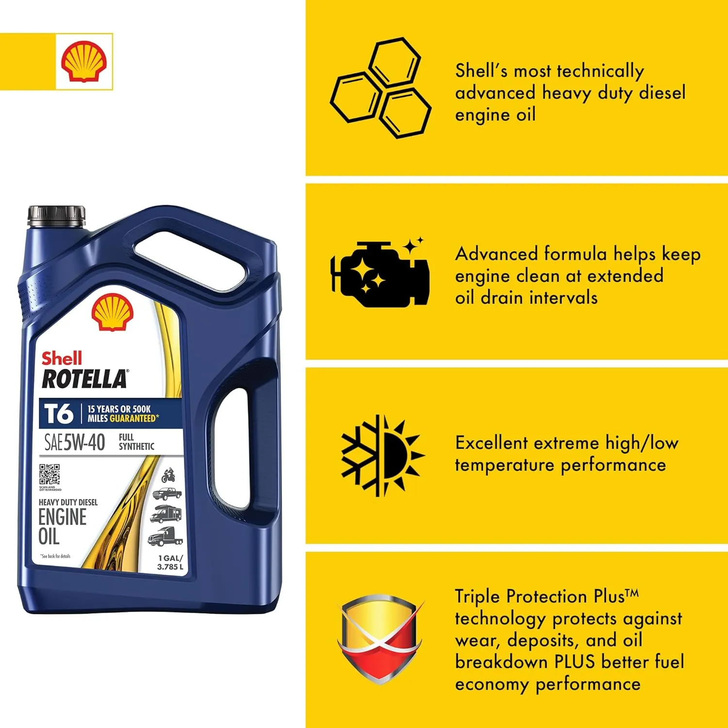 Shell Rotella T6 Full Synthetic 5W-40 Motor Oil, 1 Gallon (3 Pack)