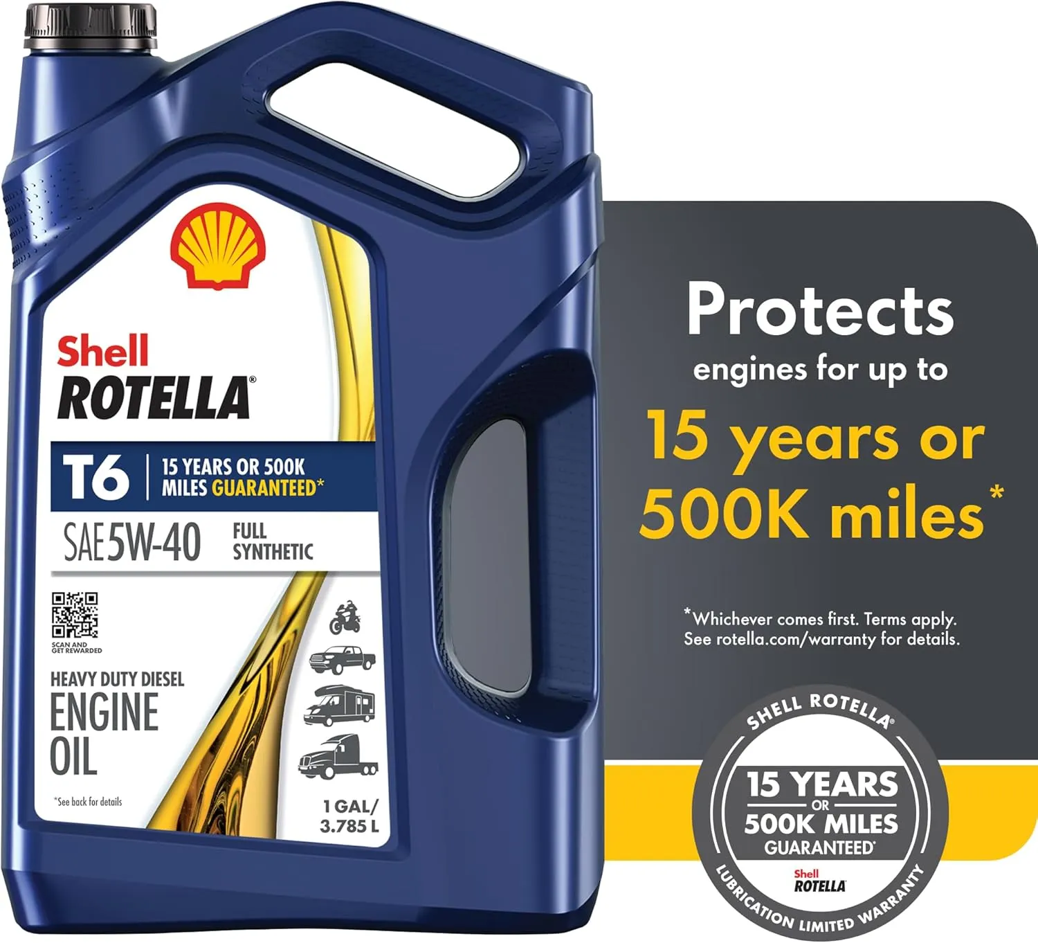 Shell Rotella T6 Full Synthetic 5W-40 Motor Oil, 1 Gallon (3 Pack)