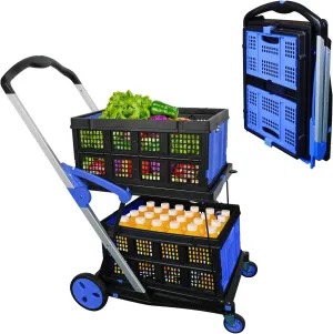 Shopping Cart with 2 Storage Crates, Multi Use Two Tier Collapsible Cart with 360° Rolling Swivel Wheels Heavy Duty Folding Trolley for Shopping, Picnic and Office