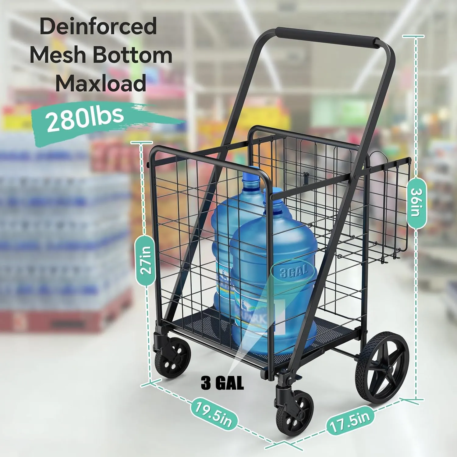 Shopping Carts for Groceries, Encrypted Bottom Grocery Cart with Waterproof Liner, Lightweight Folding Utility Cart with Rolling Swivel Wheels & Double Basket, Ideal Gift for Elderly, Women, Parents