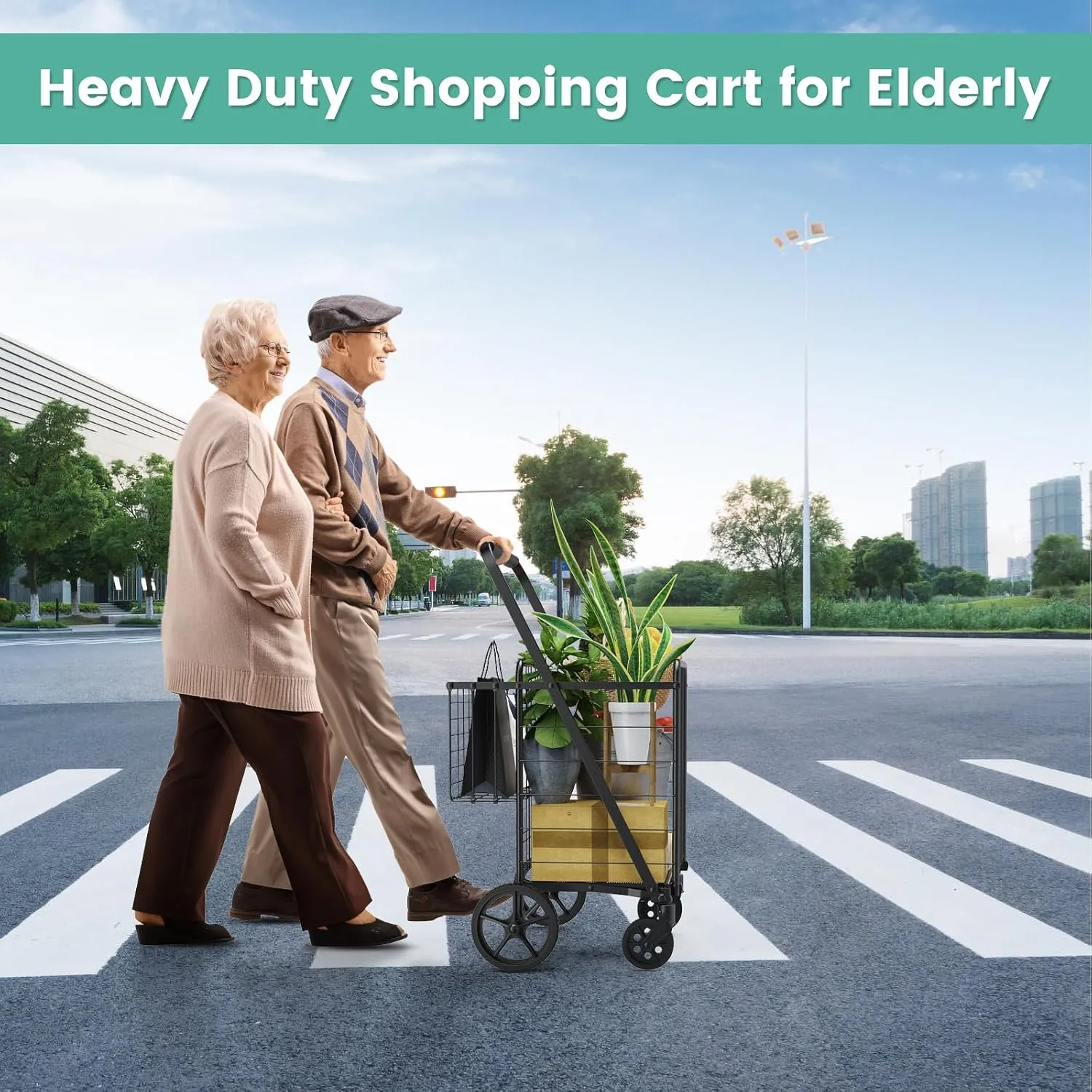 Shopping Carts for Groceries, Encrypted Bottom Grocery Cart with Waterproof Liner, Lightweight Folding Utility Cart with Rolling Swivel Wheels & Double Basket, Ideal Gift for Elderly, Women, Parents
