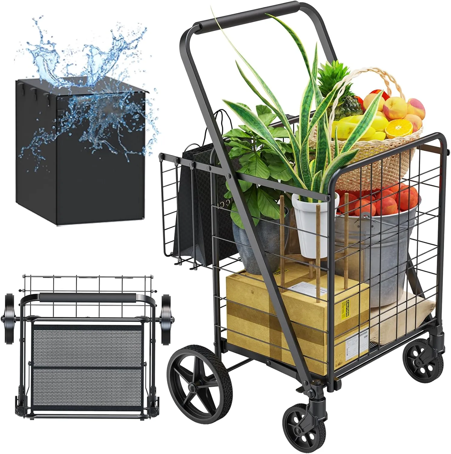 Shopping Carts for Groceries, Encrypted Bottom Grocery Cart with Waterproof Liner, Lightweight Folding Utility Cart with Rolling Swivel Wheels & Double Basket, Ideal Gift for Elderly, Women, Parents