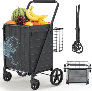 Shopping Carts for Groceries, Encrypted Bottom Grocery Cart with Waterproof Liner, Lightweight Folding Utility Cart with Rolling Swivel Wheels & Double Basket, Ideal Gift for Elderly, Women, Parents