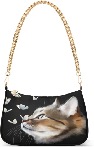 Shoulder Bags for Women Cute Kitty Cat with Butterfly Hobo Tote Handbag Small Clutch Purse with Zipper Closure