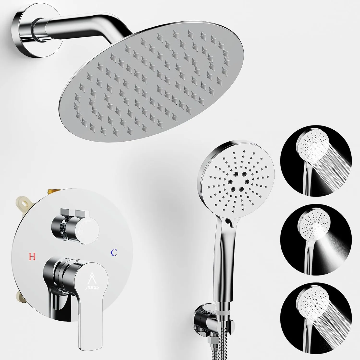 Shower Faucet Set 8IN Brass Rough-In Valve Body Trim Kit Rainfall Included Handle Accessories Complete 2 Functions with Rain Head and Handheld Bathroom Systems (8‘’, Chrome Polished)
