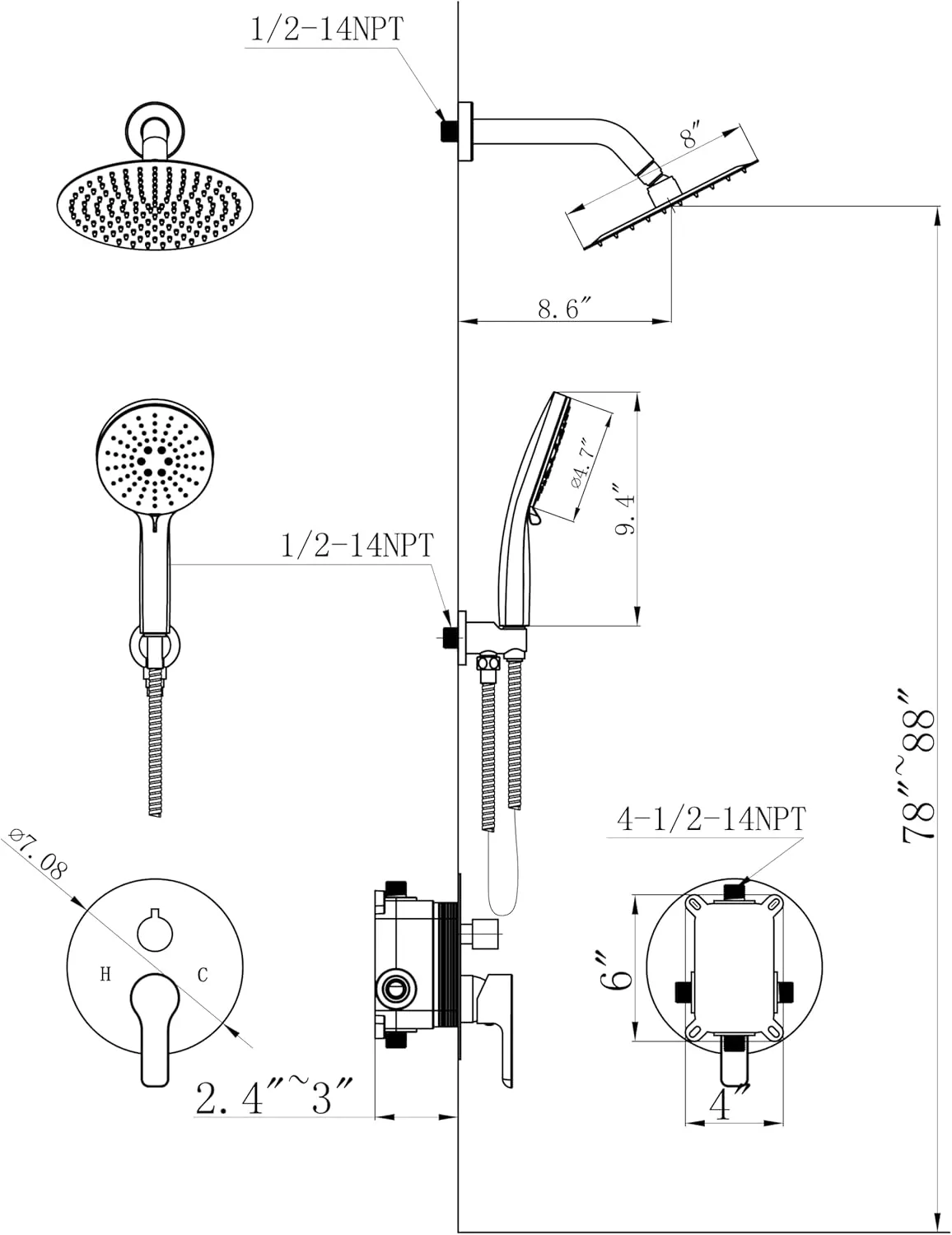 Shower Faucet Set 8IN Brass Rough-In Valve Body Trim Kit Rainfall Included Handle Accessories Complete 2 Functions with Rain Head and Handheld Bathroom Systems (8‘’, Chrome Polished)