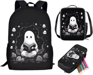 Showudesigns Ghost Backpack for Girls 8-12 Kids' School Bag and Lunch Box Boys Elementary Student Bookbag Cute Lunch Bag School Supplies Pencil Case Black Purse