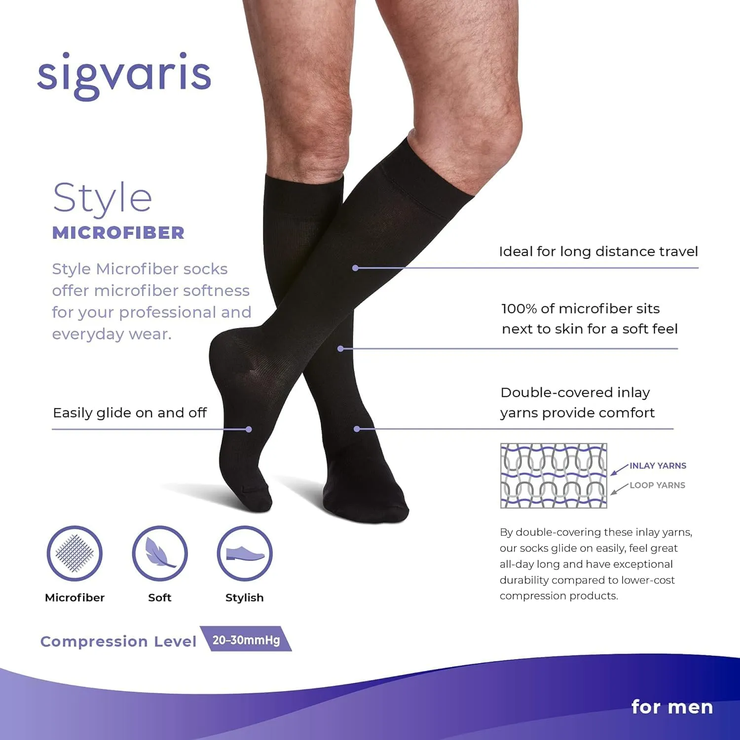 SIGVARIS Men’s Style Microfiber 820 Closed Toe Calf-High Socks 20-30mmHg - Extra Large Short - Black