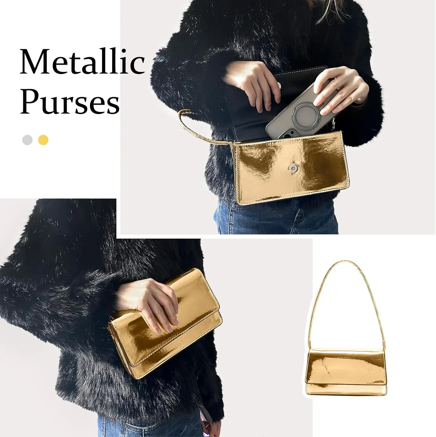 Silver Bag Evening Clutch Bag Sparkly Satchel Patent Leather Y2K Handbag Crossbody Metallic Purses for Party.