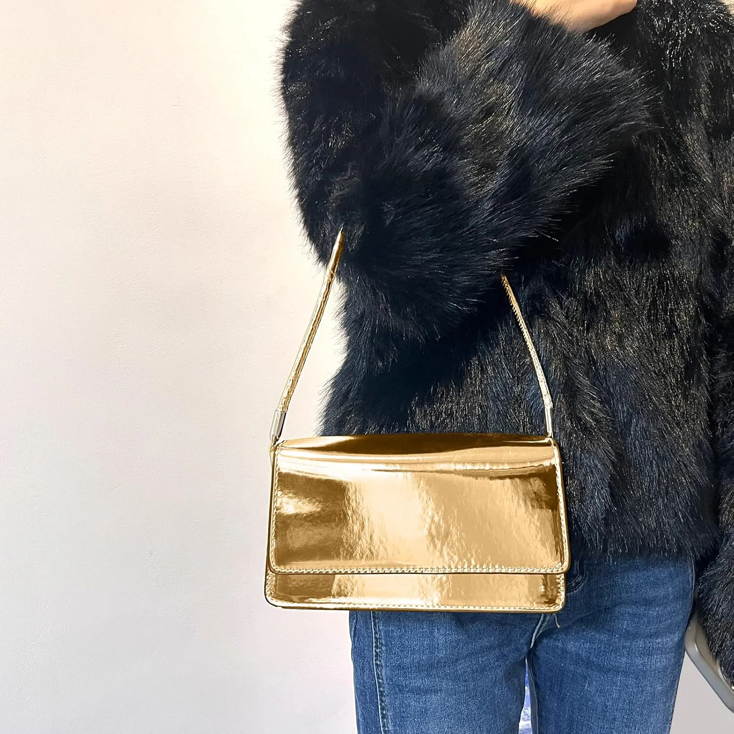Silver Bag Evening Clutch Bag Sparkly Satchel Patent Leather Y2K Handbag Crossbody Metallic Purses for Party.