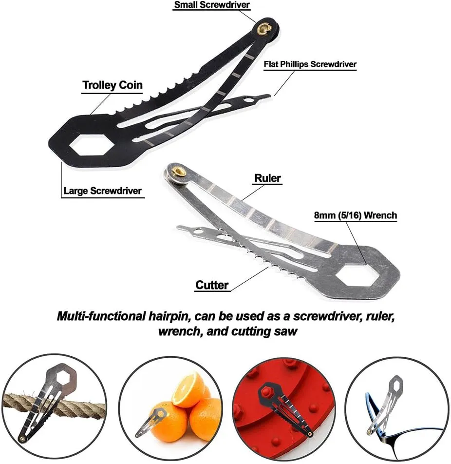 Silver Tactical Survival EDC Multi-Tool Hair Clip - Emergency Utility Kit (5 Pack)