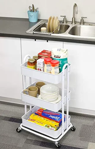 SimpleHouseware Heavy Duty 3-Tier Metal Utility Rolling Cart, White