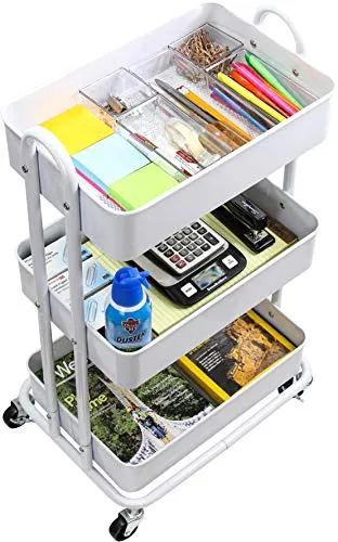 SimpleHouseware Heavy Duty 3-Tier Metal Utility Rolling Cart, White