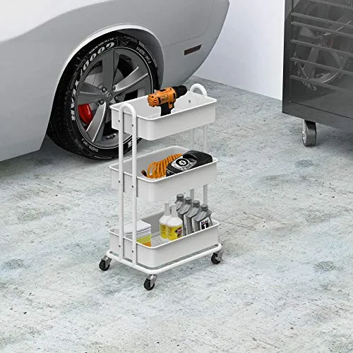 SimpleHouseware Heavy Duty 3-Tier Metal Utility Rolling Cart, White