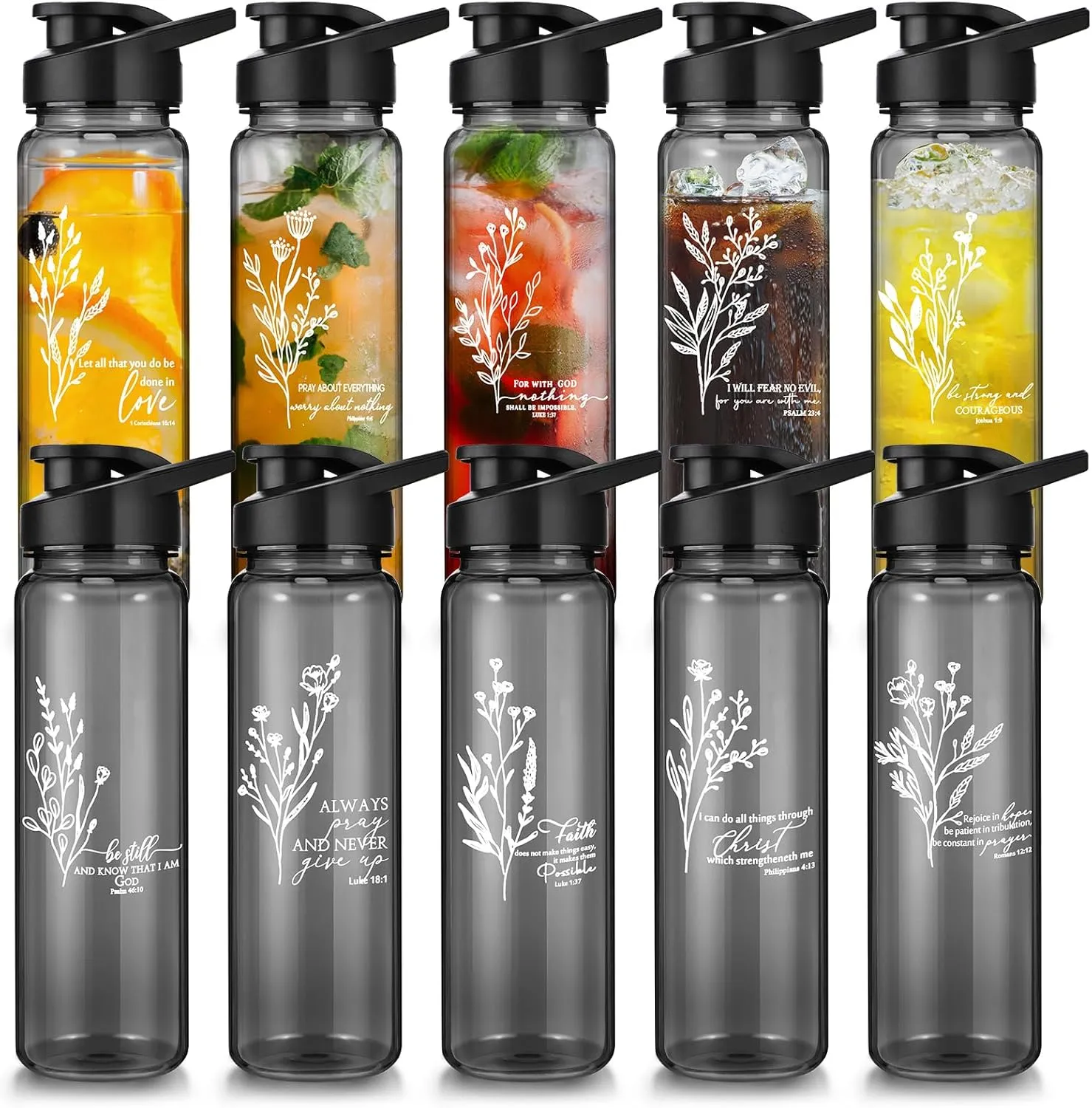 Skylety 10 Pcs Fathers Day Gift Bulk Christian Water Bottle Religious Inspirational Bible Verse Plastic Leak Proof 24 oz Bottles for Church Sunday School Teacher(Boho)