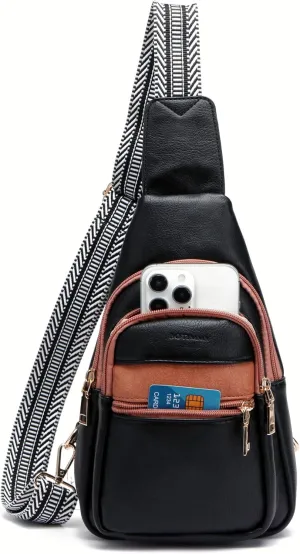 Sling Bag for Women Crossbody Purse Vegan Leather Packs Chest Bag with Adjustable Wide Strap for Travel Anti Theft Black & Brown