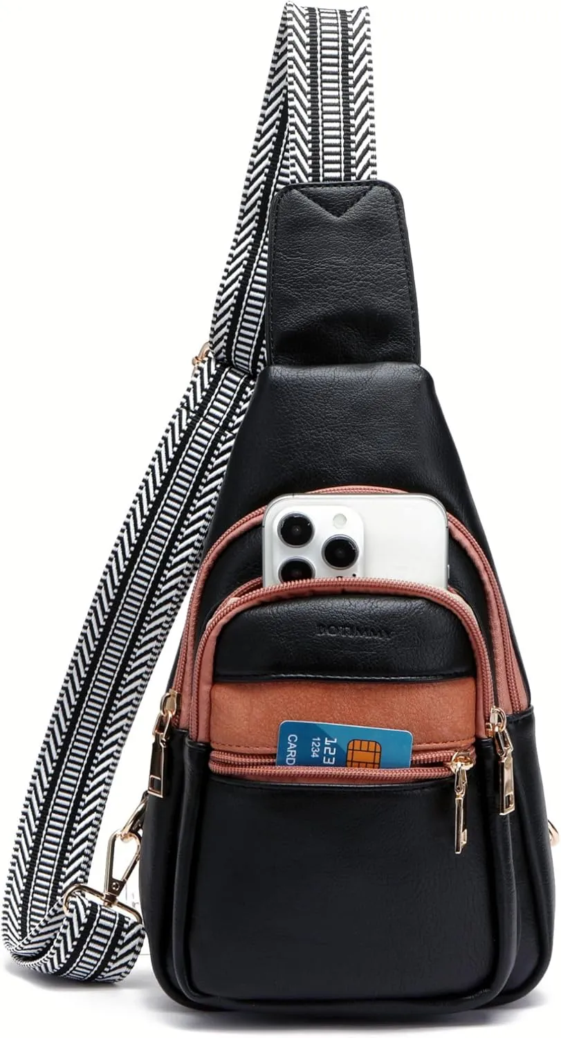 Sling Bag for Women Crossbody Purse Vegan Leather Packs Chest Bag with Adjustable Wide Strap for Travel Anti Theft Black & Brown