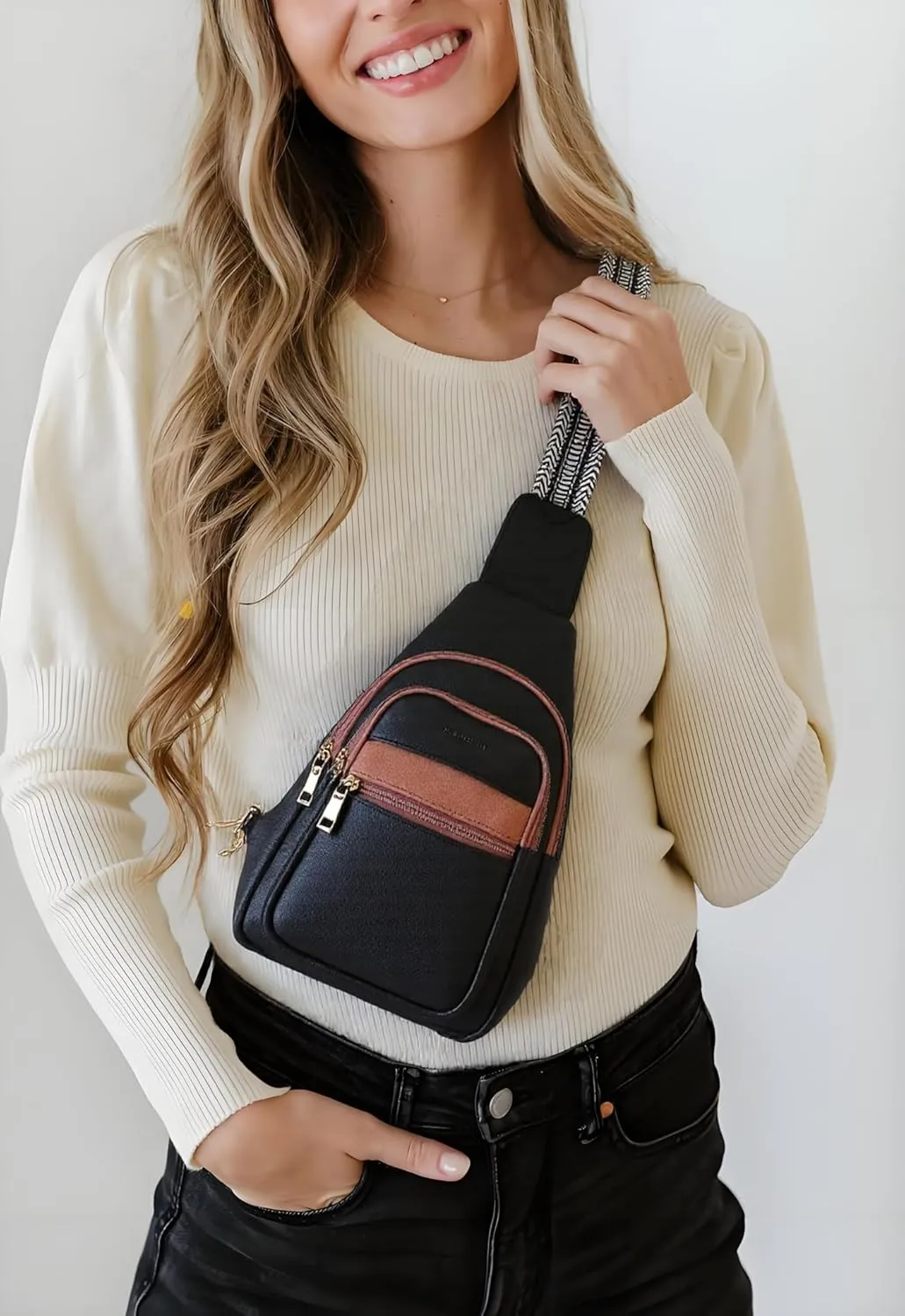 Sling Bag for Women Crossbody Purse Vegan Leather Packs Chest Bag with Adjustable Wide Strap for Travel Anti Theft Black & Brown
