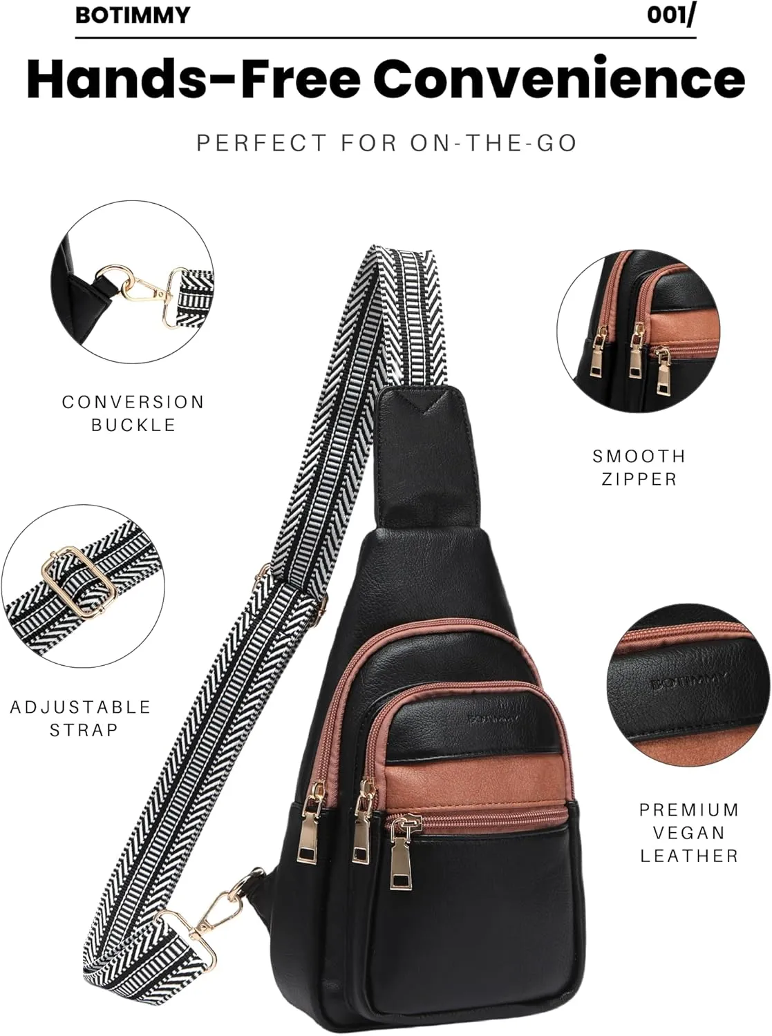 Sling Bag for Women Crossbody Purse Vegan Leather Packs Chest Bag with Adjustable Wide Strap for Travel Anti Theft Black & Brown