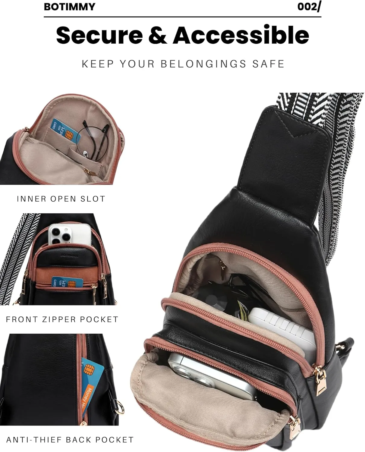 Sling Bag for Women Crossbody Purse Vegan Leather Packs Chest Bag with Adjustable Wide Strap for Travel Anti Theft Black & Brown