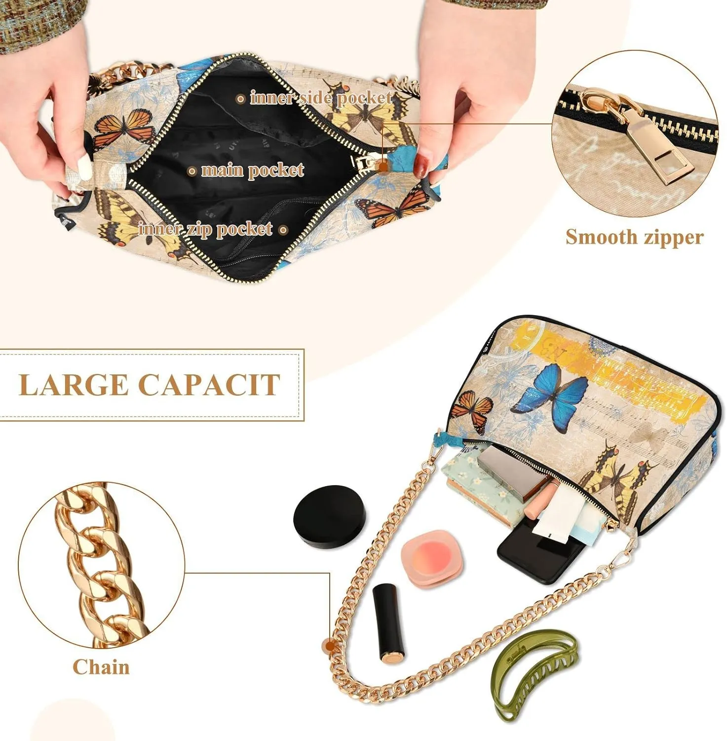 Small Chain Shoulder Bag for Women Travel Hobo Tote Handbag Clutch Purse with Zipper