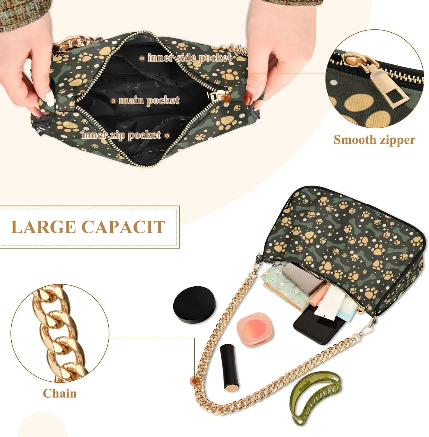 Small Chain Shoulder Bag for Women Travel Hobo Tote Handbag Clutch Purse with Zipper