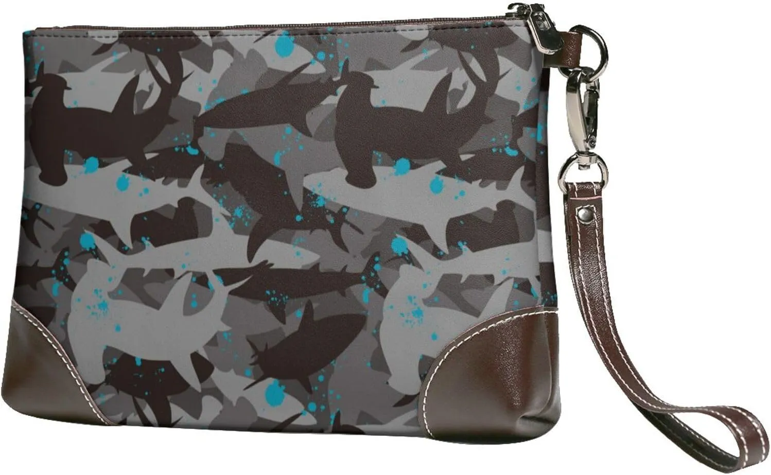 Small Clutch Purses for Women - Black Camouflage Hammerhead Shark Leather Wristlet Wallets for Women with Wrist Strap