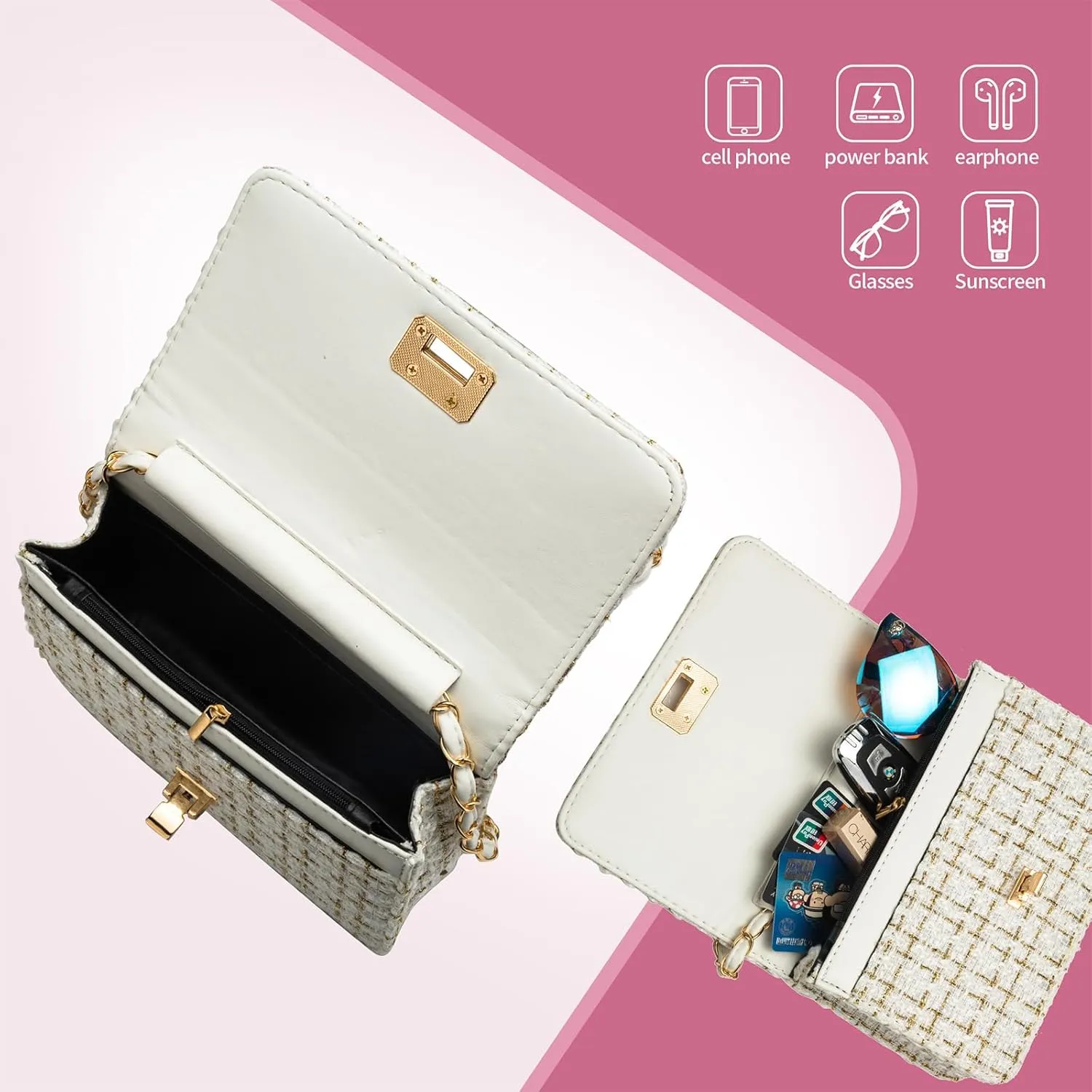 Small Shoulder Bag for Women Mini Purse Handbag PU Leather Crossbody Evening Bag Quilted Satchel, with Chain Strap