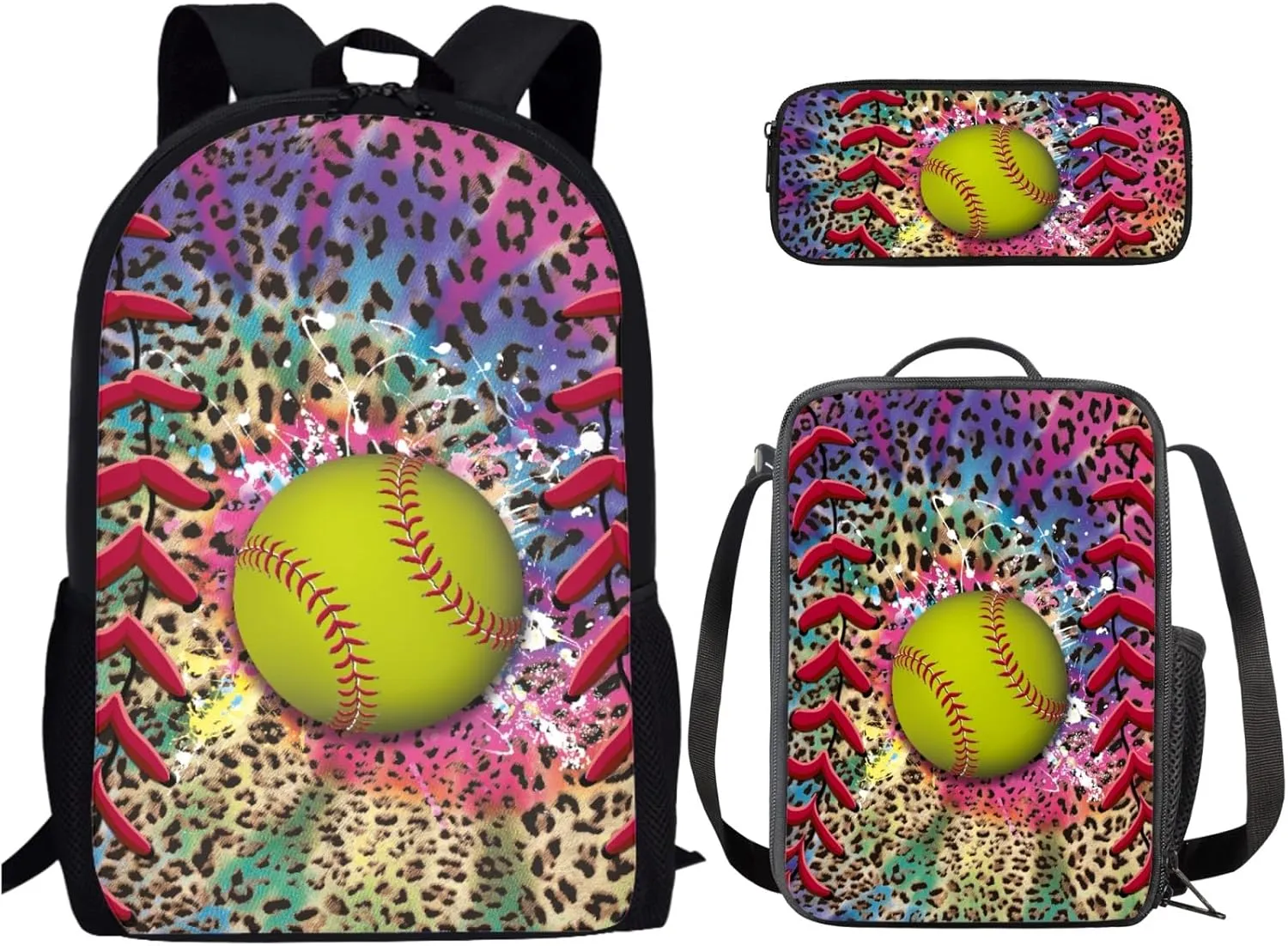 SoftBall Ball School Bookbag with Lunch Bag and Zipper Pencil Bag, Casual Lightweight Backpack Set for Boys and Girls, Large Capacity Schoolbag Set(Leopard)