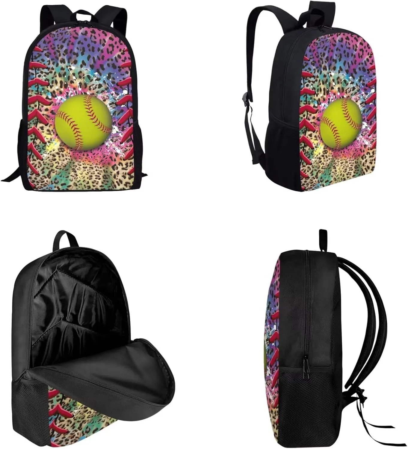 SoftBall Ball School Bookbag with Lunch Bag and Zipper Pencil Bag, Casual Lightweight Backpack Set for Boys and Girls, Large Capacity Schoolbag Set(Leopard)