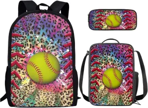 SoftBall Ball School Bookbag with Lunch Bag and Zipper Pencil Bag, Casual Lightweight Backpack Set for Boys and Girls, Large Capacity Schoolbag Set(Leopard)