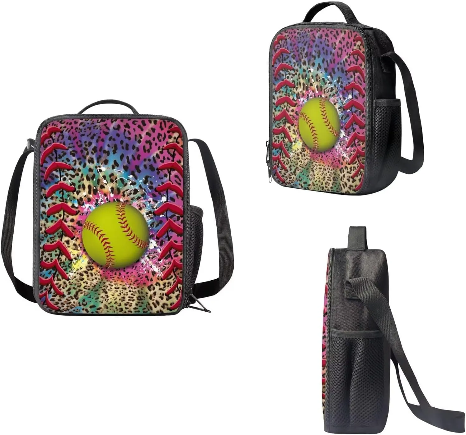 SoftBall Ball School Bookbag with Lunch Bag and Zipper Pencil Bag, Casual Lightweight Backpack Set for Boys and Girls, Large Capacity Schoolbag Set(Leopard)