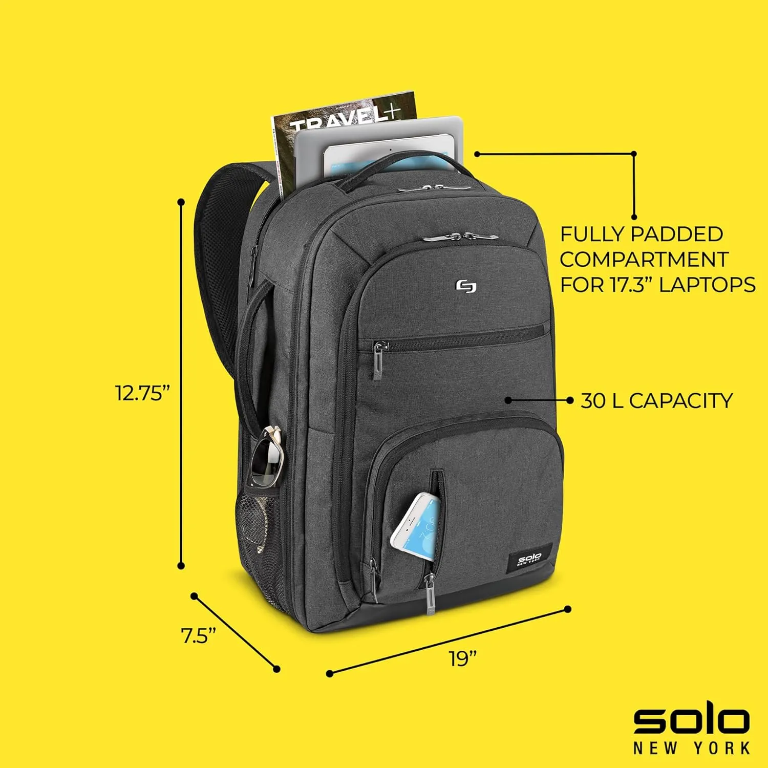 Solo New York TSA Laptop Backpack for Women & Men -Carry On Bookbag for Travel & Work, Lightweight Bag, Mesh Side Pockets, Padded Straps, Fits 17.3" Computer - Grand Travel, Grey
