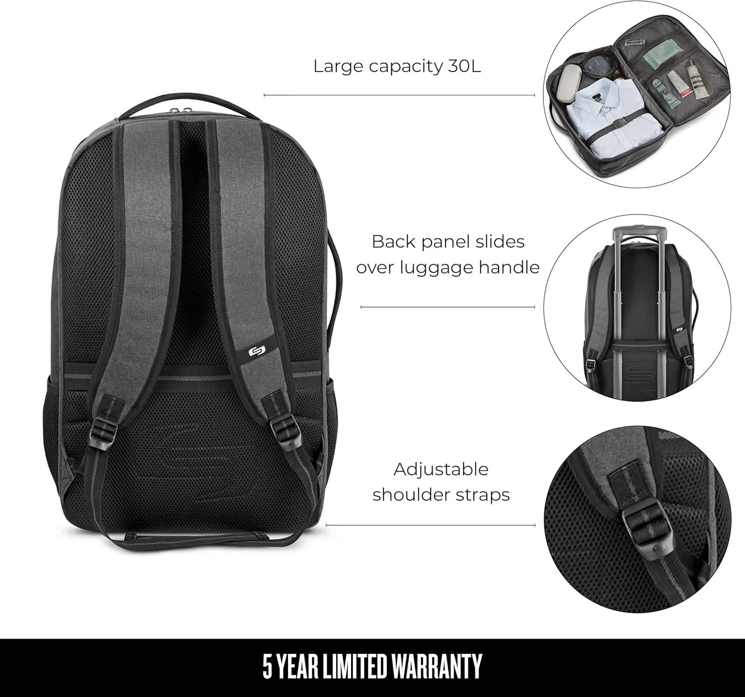 Solo New York TSA Laptop Backpack for Women & Men -Carry On Bookbag for Travel & Work, Lightweight Bag, Mesh Side Pockets, Padded Straps, Fits 17.3" Computer - Grand Travel, Grey
