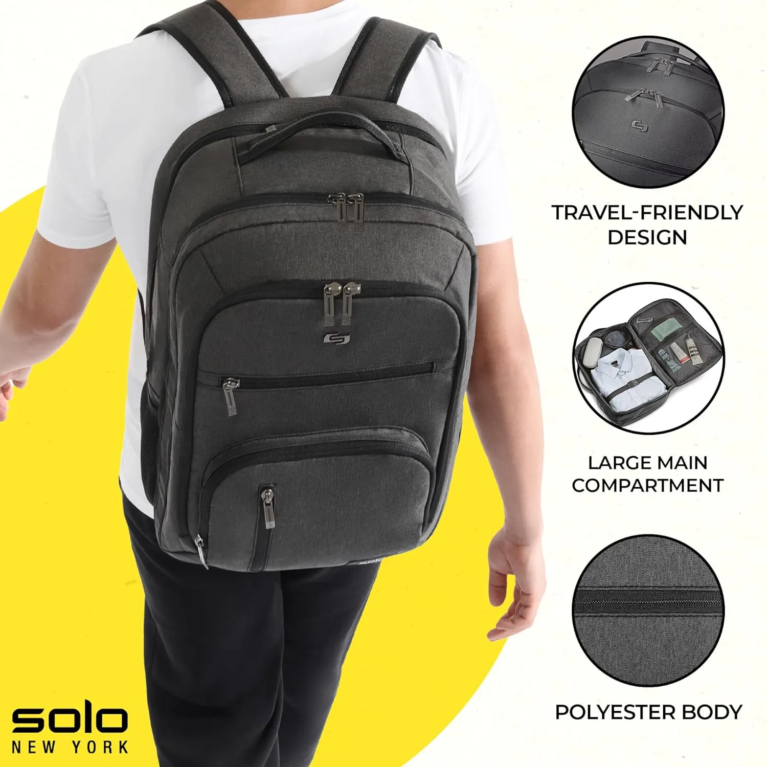Solo New York TSA Laptop Backpack for Women & Men -Carry On Bookbag for Travel & Work, Lightweight Bag, Mesh Side Pockets, Padded Straps, Fits 17.3" Computer - Grand Travel, Grey