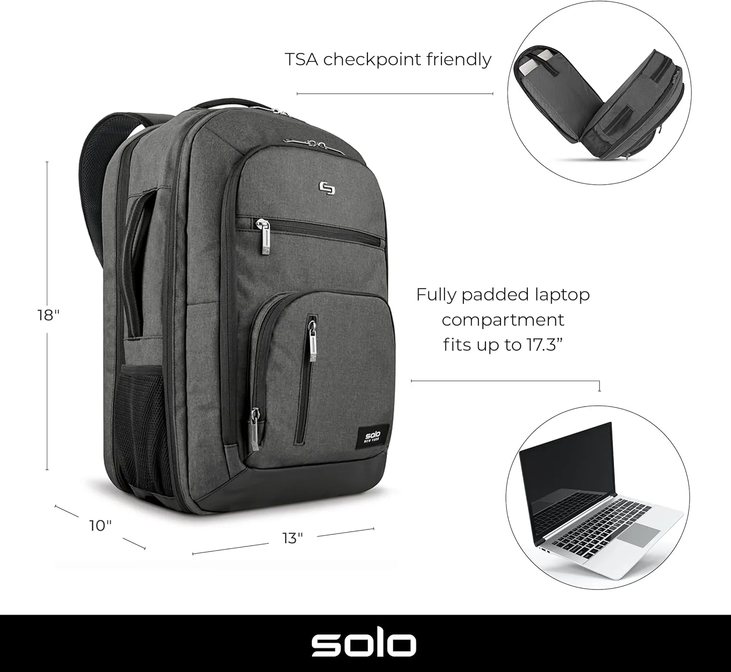 Solo New York TSA Laptop Backpack for Women & Men -Carry On Bookbag for Travel & Work, Lightweight Bag, Mesh Side Pockets, Padded Straps, Fits 17.3" Computer - Grand Travel, Grey