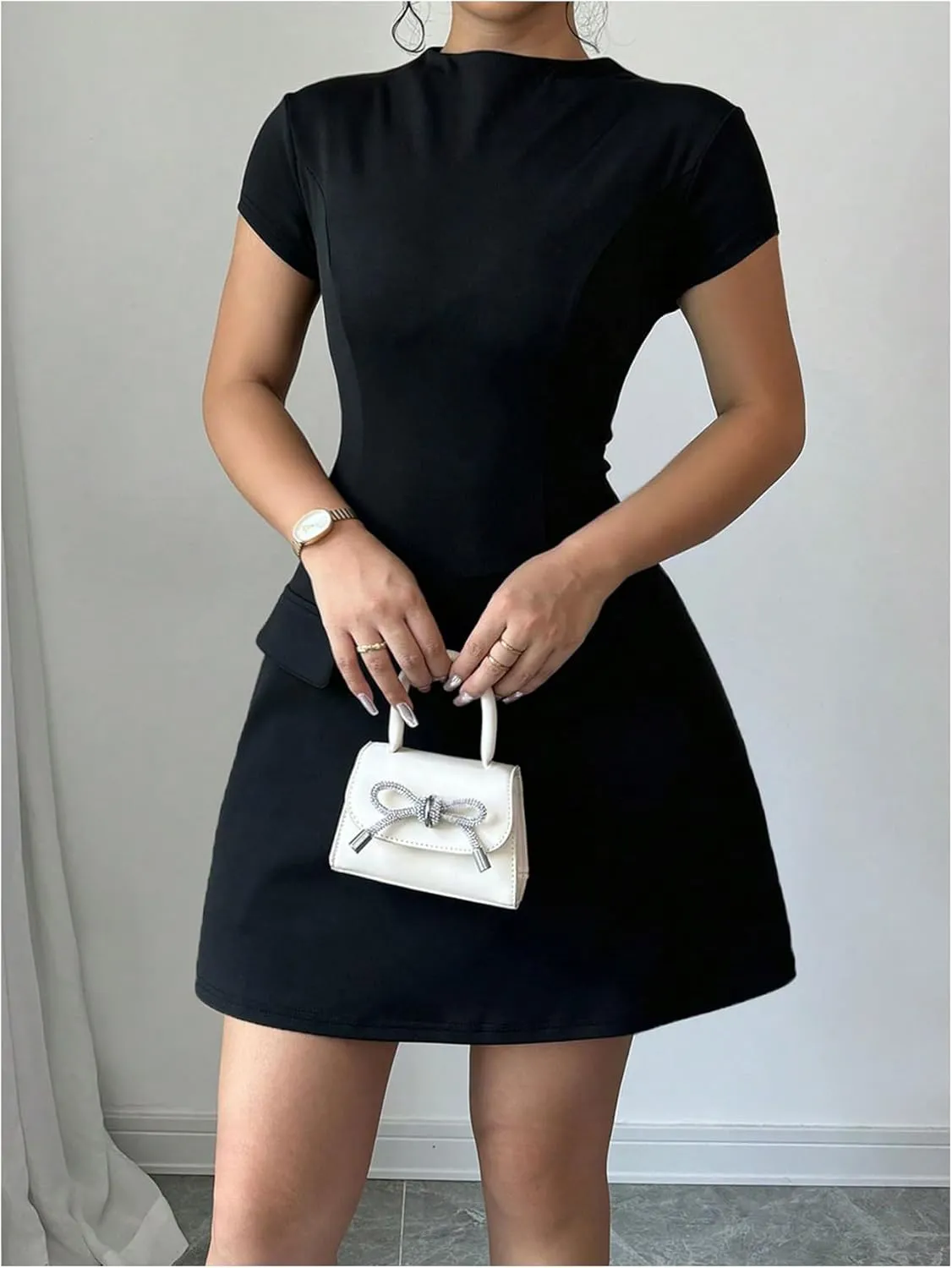 SOLY HUX Women's Mock Neck Short Sleeve Dress A Line Flared Mini Dresses