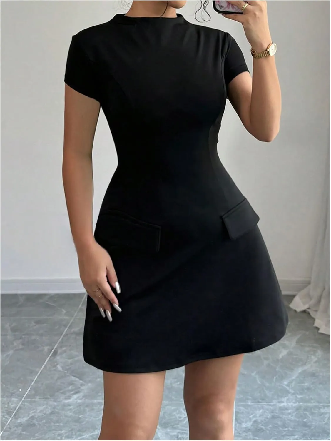 SOLY HUX Women's Mock Neck Short Sleeve Dress A Line Flared Mini Dresses