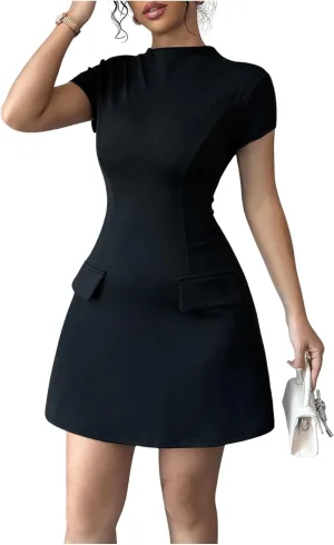 SOLY HUX Women's Mock Neck Short Sleeve Dress A Line Flared Mini Dresses