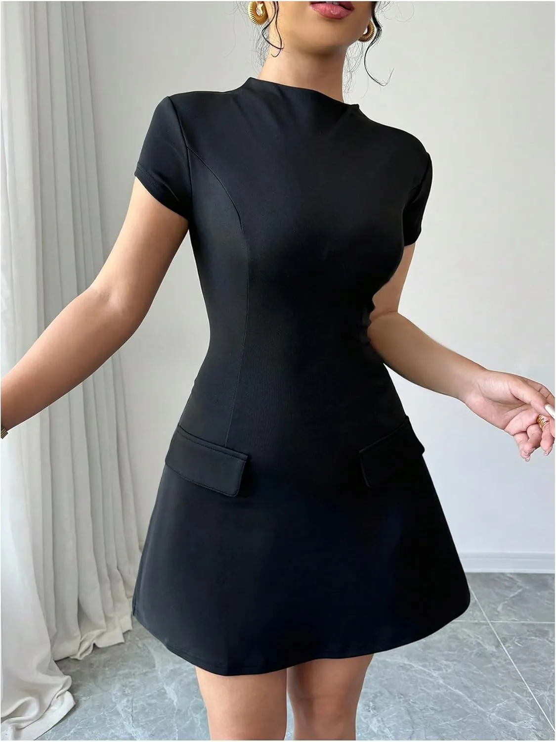 SOLY HUX Women's Mock Neck Short Sleeve Dress A Line Flared Mini Dresses