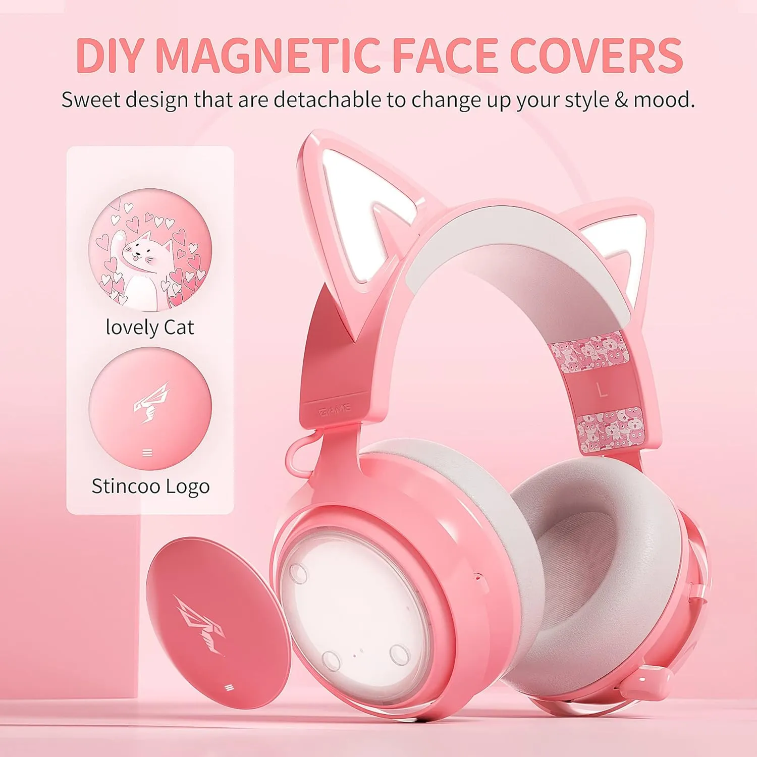 SOMIC GS510 Gaming Headset, Cat Ear Headset PC Gaming Headphones with Retractable Mic Noise Cancelling, Stereo Sound, DIY Face Covers for PC, PS4, PS5,Xbox One(Only White LED Light)-Pink