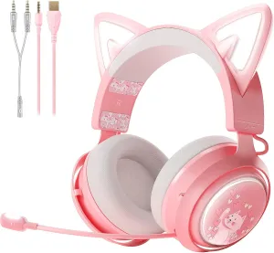 SOMIC GS510 Gaming Headset, Cat Ear Headset PC Gaming Headphones with Retractable Mic Noise Cancelling, Stereo Sound, DIY Face Covers for PC, PS4, PS5,Xbox One(Only White LED Light)-Pink