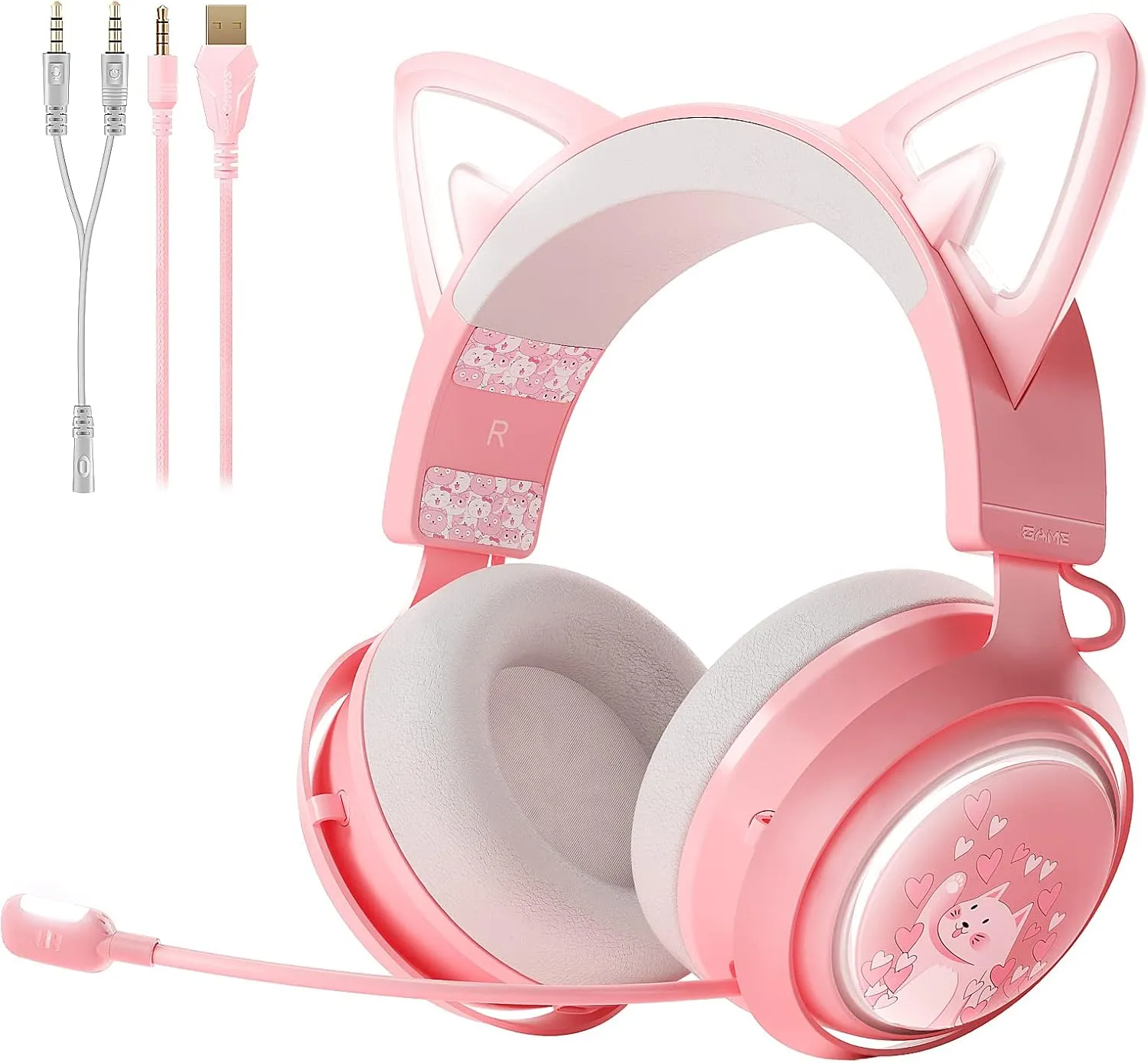 SOMIC GS510 Gaming Headset, Cat Ear Headset PC Gaming Headphones with Retractable Mic Noise Cancelling, Stereo Sound, DIY Face Covers for PC, PS4, PS5,Xbox One(Only White LED Light)-Pink