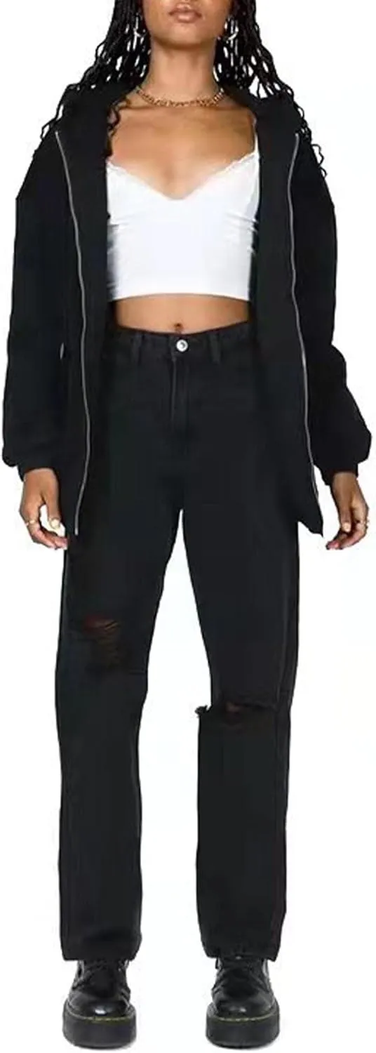 SOMTHRON Women's Casual Hooded Sweatshirts Casual Long Sleeve Hoodies Zip Up Oversized Solid Jacket Outerwear