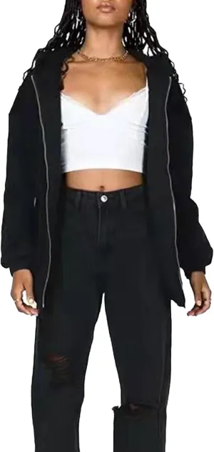 SOMTHRON Women's Casual Hooded Sweatshirts Casual Long Sleeve Hoodies Zip Up Oversized Solid Jacket Outerwear